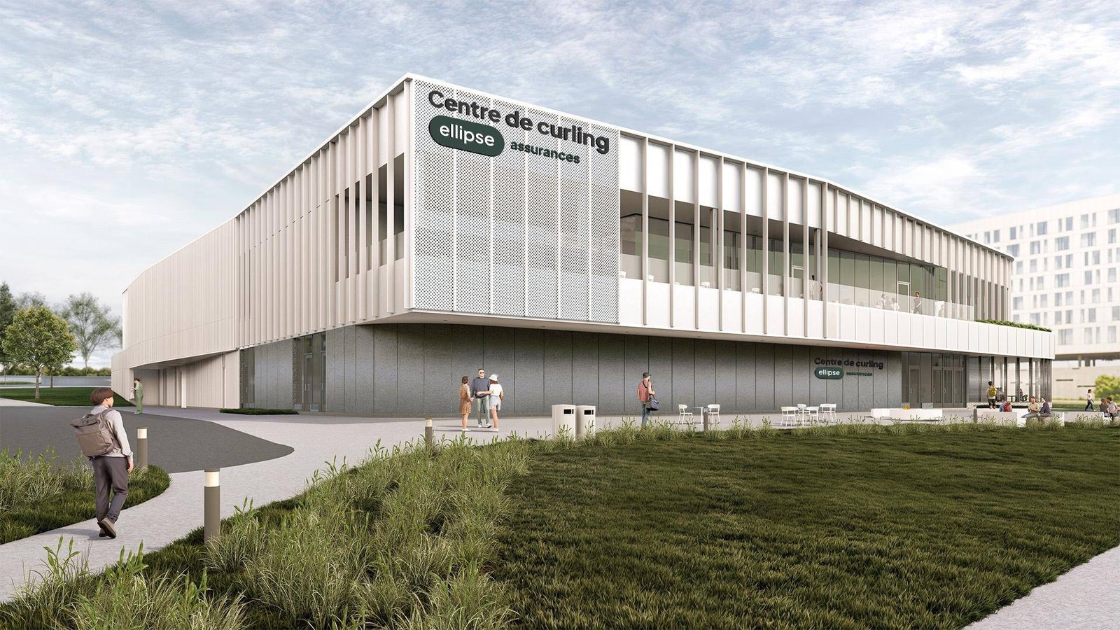 Le Centre de curling Ellipse Assurances vu depuis la rue des Rocailles, en été (rendu d'architecture)